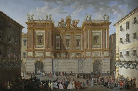 Paolo Monaldi, Prince James receiving his son, Prince Henry, in front of the Palazzo del Re, 1747