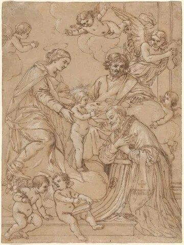 Giacinto Gimignani, The Holy Family with Saint Philip Neri in Adoration, an Angel, and Putti