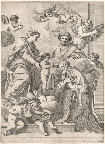 Giacinto Gimignani, The Holy Family with Saint Philip Neri in Adoration, an Angel, and Putti