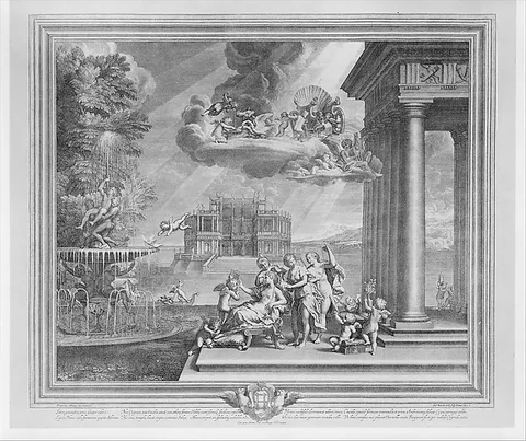 Étienne Baudet, Plate 1: The Toilette of Venus; Venus reclining at center, gazing into a mirror held by Cupid, attendants fix her hair while a putto ties her sandal, above her chariot appears on a cloud; from "The Loves of Venus and Adonis"