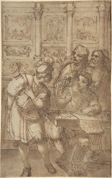 Agostino Tassi, Architect in His Study Holding a Compass and Conversing with Three Men