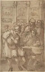 Agostino Tassi, Architect in His Study Holding a Compass and Conversing with Three Men