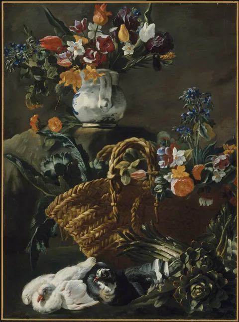 Simone del Tintore, Still Life with Flowers, Vegetables and Pigeons