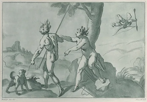 Andrea Scacciati II, Venus and Adonis (?), nude in a landscape with a dog at left and Cupid at upper right