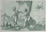 Andrea Scacciati II, Venus and Adonis (?), nude in a landscape with a dog at left and Cupid at upper right