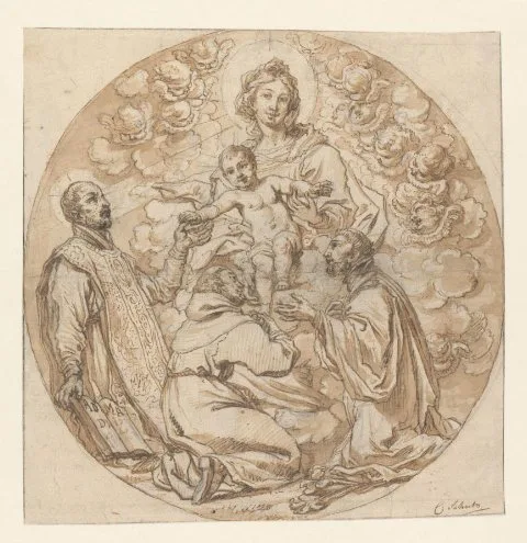 Cornelis Schut, Maria met kind aanbeden door H. Ignatius van Loyola, H. Franciscus Xaverius en heilige monnik