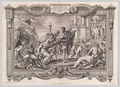 Pietro Aquila, Annibale Carracci Introduces Painting to Apollo and Minerva