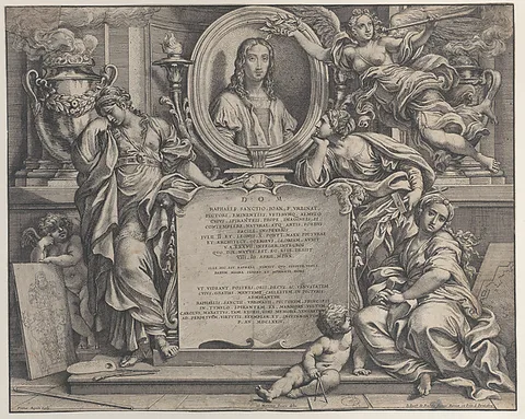 Pietro Aquila, Frontispiece with oval portrait of Raphael, with three allegorical figures of the Arts supporting the tablet at center