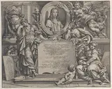 Pietro Aquila, Frontispiece with oval portrait of Raphael, with three allegorical figures of the Arts supporting the tablet at center