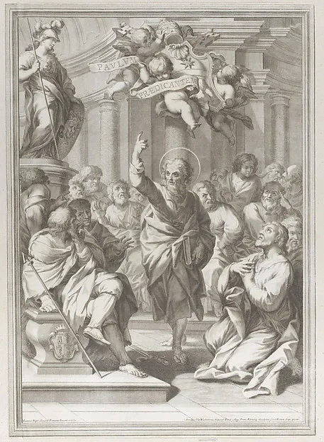 Arnold van Westerhout, Saint Paul preaching at center, standing in a crowd in a columned interior, pointing upwards toward putti who hold a scroll