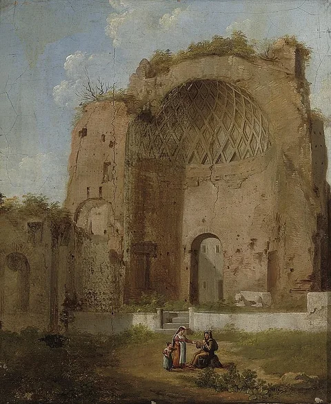 Giacomo van Lint, Roman ruin with a woman and child conversing with a monk
