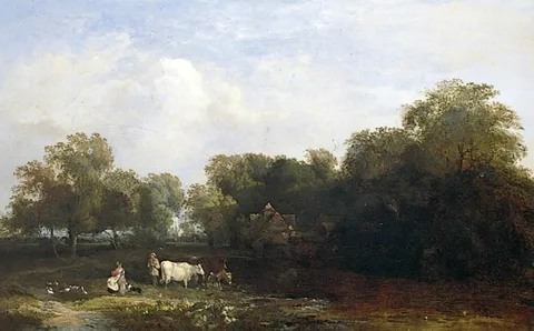 George Augustus Williams, Wooded Landscape with Figures, and a Church in the Distance