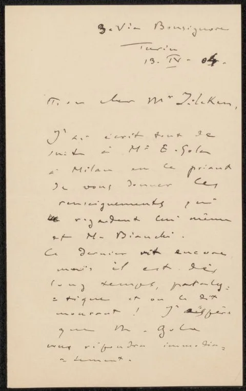 Leonardo Bistolfi, Brief aan Philip Zilcken