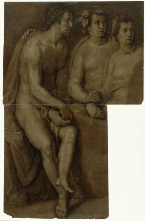 Cornelis van Haarlem, Studies van een zittende naakte man en twee vrouwen, ten halven lijve
