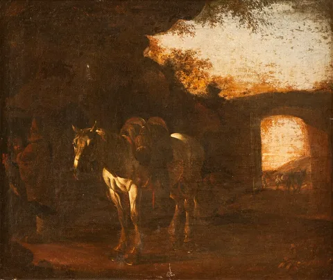 Michelangelo Cerquozzi, Landscape with Ruins and a Saddled White Horse