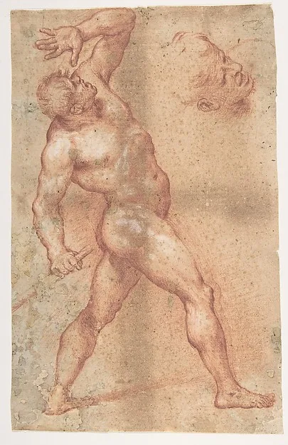 Aniello Falcone, Male Nude with Left Arm Upraised, and a Further Study of His Head