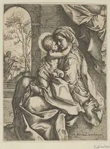 Ventura Salimbeni, The Virgin seated with the Christ Child on her lap embracing her, Joseph seen through an archway at left, after Reni