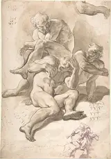 Paolo Pagani, Studies of Three Naked Men, a Right Arm and a Nude Figure Supported by Another (recto); Studies of a Figure with Left Arm Upraised, a Leg, and Putti with Foliage (verso)