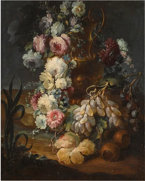 Michele Antonio Rapous, Still Life of Flowers in a Sculpted Vase with Grapes and Other Fruit