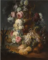 Michele Antonio Rapous, Still Life of Flowers in a Sculpted Vase with Grapes and Other Fruit