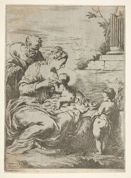 Bartolomeo Biscaino, The Holy Family with the infant St John the Baptist at right