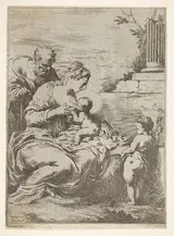 Bartolomeo Biscaino, The Holy Family with the infant St John the Baptist at right