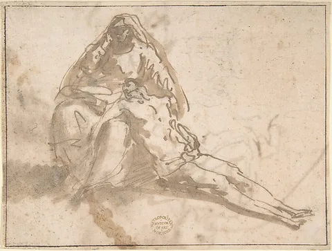 Domenico Mondo, Pietà (recto); Sketches of Kneeling Figures, Putto (verso)