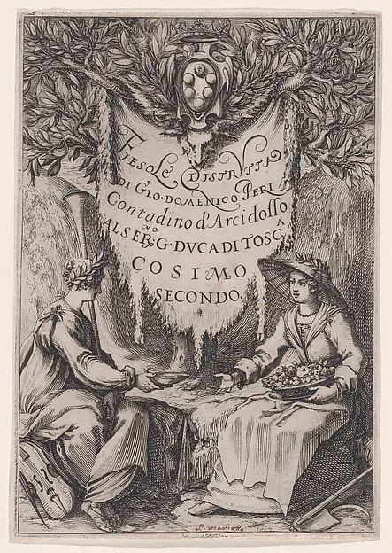 Jaques Callot, Frontispiece of Fiesole Distrutta, also called La Belle Jardinière, or Poésie et L'Agriculture, or Catakasta
