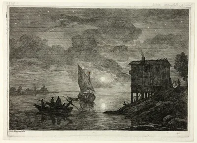 Adrien Manglard, Moonlit Harbor Scene with Ferry