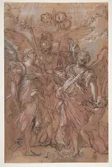 Giuseppe Passeri, The Archangels Gabriel, Michael and Raphael (recto); sketches of figures (verso)