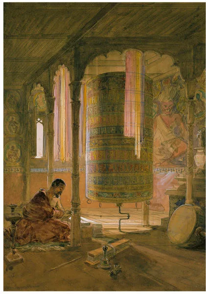 William Simpson, Lama in a monastery working the prayer wheels