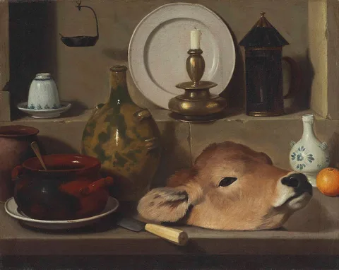 Carlo Magini, An oil lamp, ceramics, brass lantern, knife, onion and calf's head