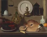 Carlo Magini, An oil lamp, ceramics, brass lantern, knife, onion and calf's head