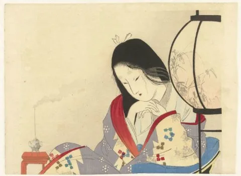 Toshikata Mizuno, Vrouw bij een lamp in interieur