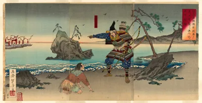 Toshikata Mizuno, Sasaki Moritsuna Asking Fisherman to Reveal the Shallows Where His Troops can Cross and Attack the Taira Forces at Fujito in Bizen Province (Sasaki Moritsuna Bizen no kuni Fujito no watari ni Heigun o osowanto gyojin ni mizu no senshin o tou zu)