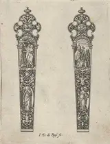 Johann Theodor de Bry, Design for Knife Handles with the Temptation of Adam and Eve and a Memento Mori Scene