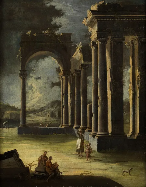 Gennaro Greco, Antique Ruins With Figure Staffage In Nocturnal Light