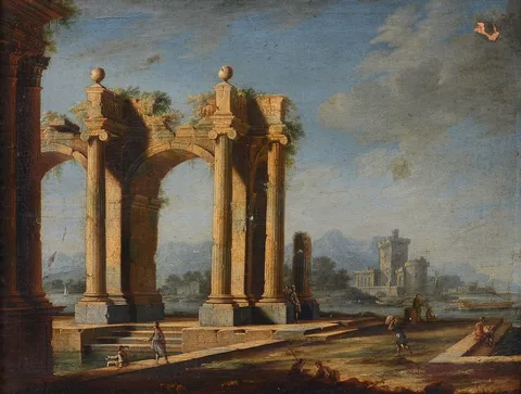 Gennaro Greco, Capriccio of classical ruins, with a port and boats beyond