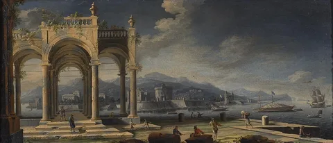Gennaro Greco, Capriccio of ancient ruins at a Mediterranean port with boats and bystanders