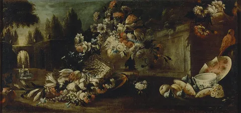 Gasparo Lopez, Still Life with Flowers and Parrot
