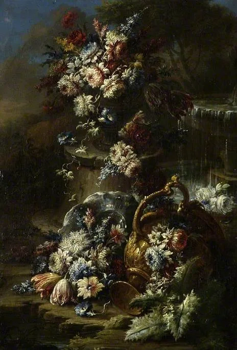 Gasparo Lopez, Flowers in a landscape with overturned urn