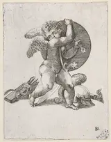 Adamo Scultori, Cupid with Weapons of Mars