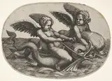 Adamo Scultori, Two winged putti riding parallel on dolphins above the water surface, an oval composition