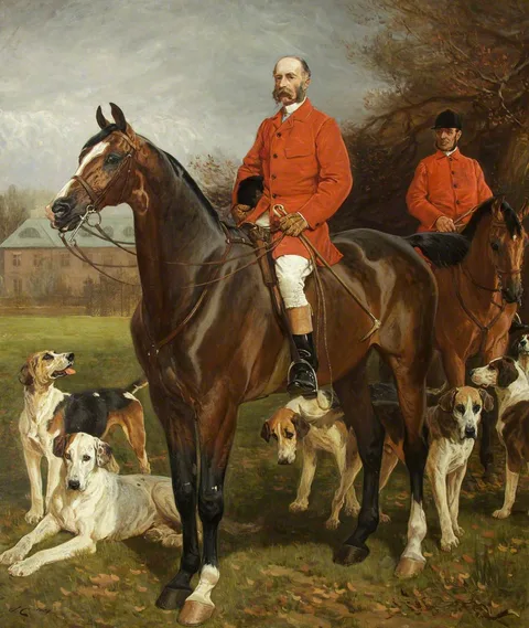 John Charlton, Godfrey Charles Morgan, 2nd Baron, Viscount  Tredegar (1831-1913) with his Huntsman, Mr Charles Barrett in front of Tredegar