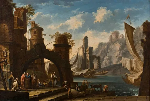 Clemente Spera, Mediterranean port with castle in ruins, ships and figures
