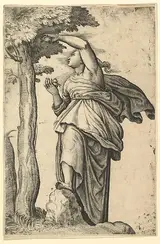 Battista Franco, Woman in Roman Costume Picking Fruit from a Tree