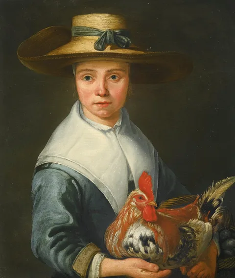 Aelbert Jacobsz. Cuyp, Young lady in a straw hat holding a cockerel and a basket of eggs