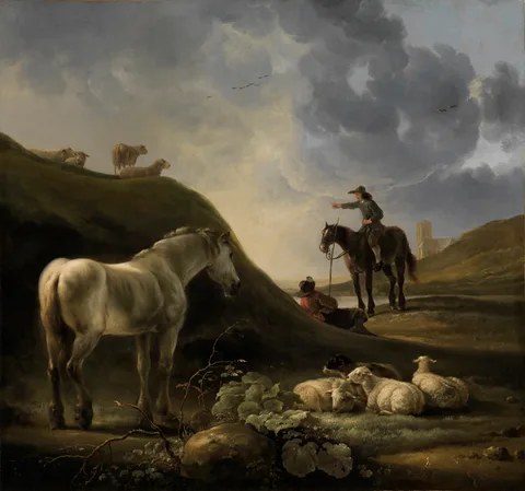 Aelbert Jacobsz. Cuyp, Duinlandschap met een schimmel en een ruiter