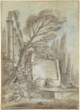 Jean-Baptiste Lallemand, Architectural Fantasy of Roman Ruins with an Inscription Plaque