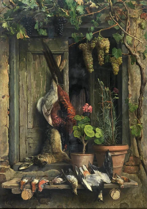Aurelio Zingoni, Still life with birds, a hare, carnations and geraniums in a pot under a vine